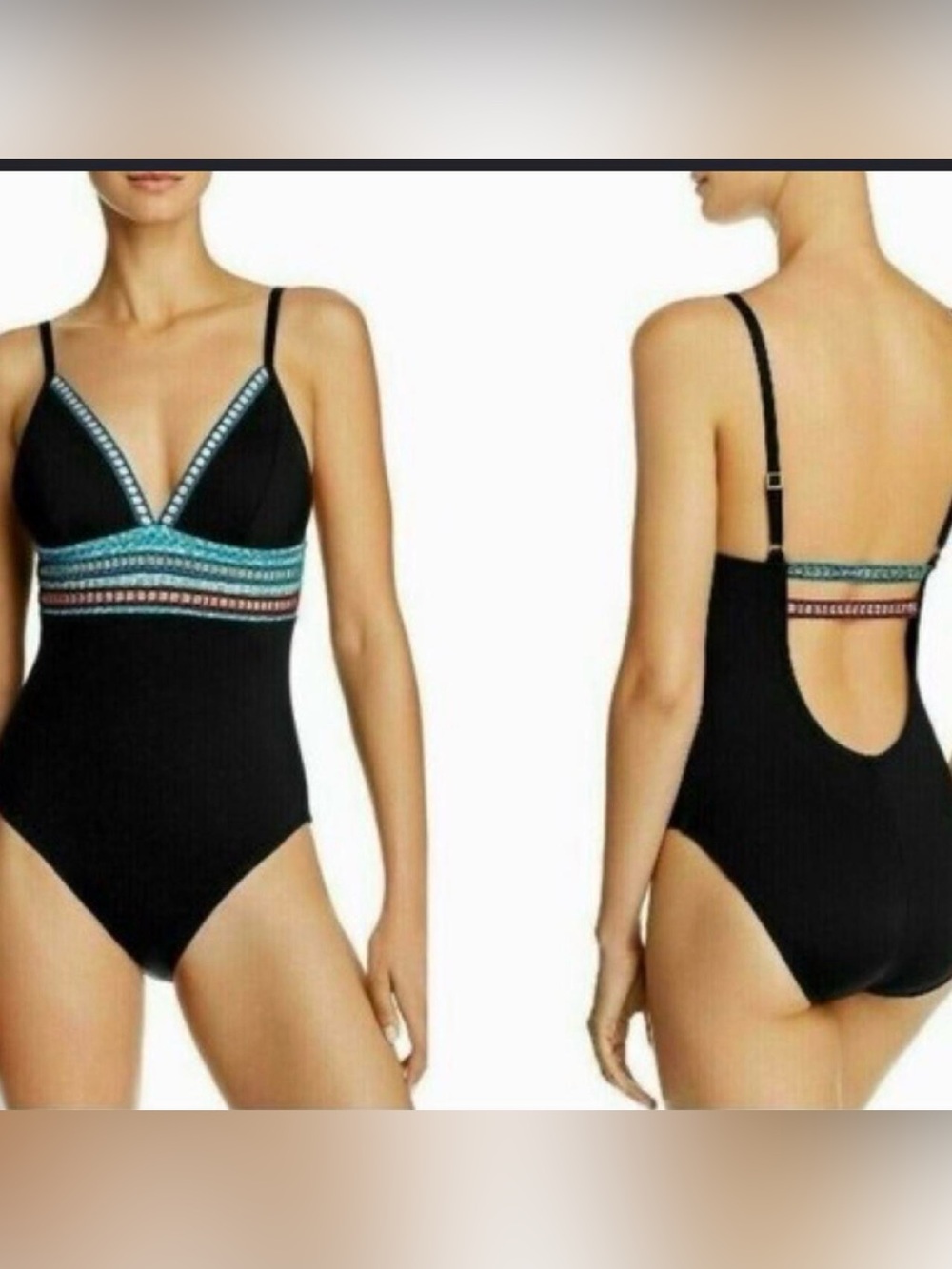 NWOT La Blanca Black Running Stitch One Piece Swimsuit w/Blue & Red Accent, Sz 4